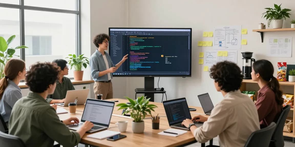 Developers collaborating on the Best React development course 2025 project in a bright office.
