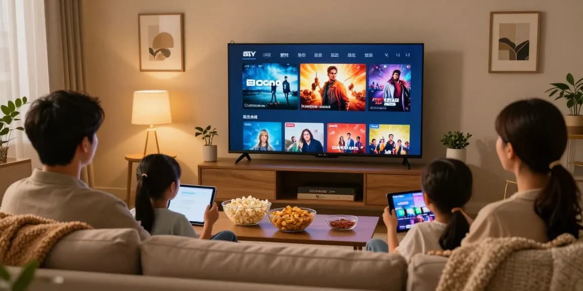 Famille profitant de l'iptv dans un salon chaleureux, avec un écran de télévision affichant des films.