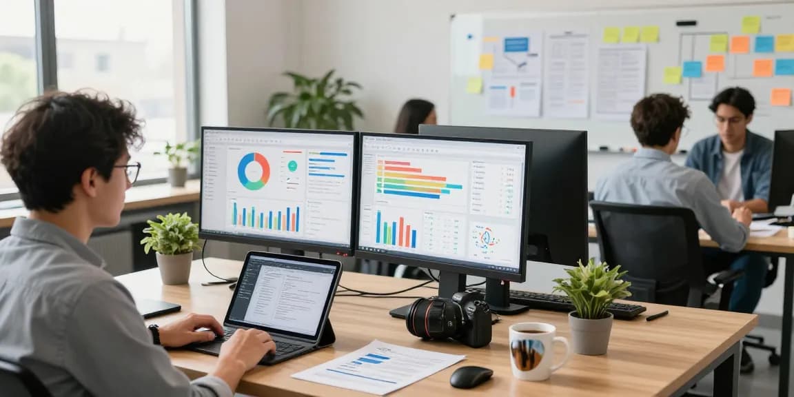 Chaktty Media professional analyzing data trends in a modern office environment, showcasing digital marketing strategy and collaboration.