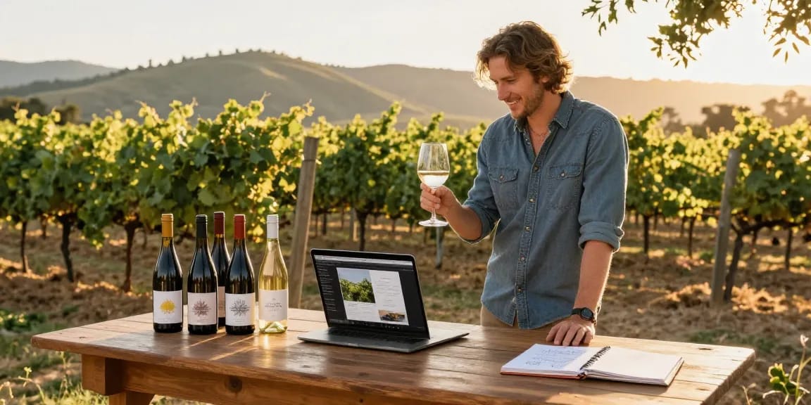 Entrepreneur launching a white label wine brand at vineyard with custom labels and laptop in Temecula Valley