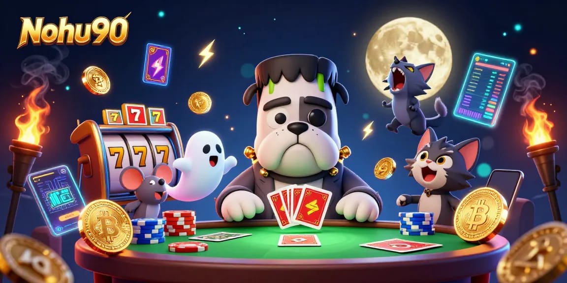 Nohu90 features a spooky casino scene with a bulldog monster and jackpot symbols delivering thrilling gaming action.
