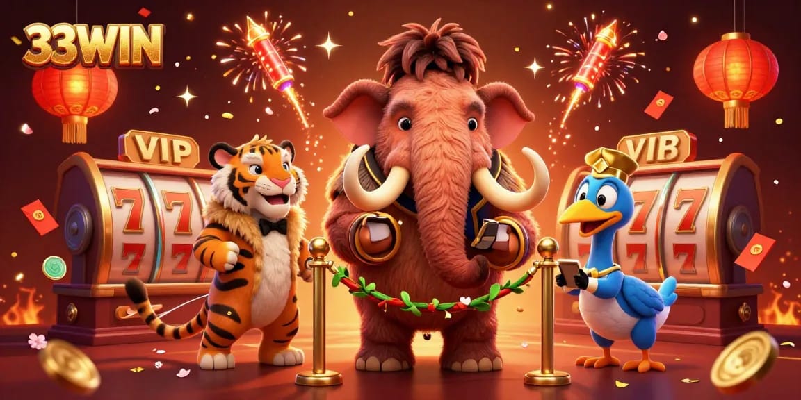 Experience the dynamic excitement of 33WIN casino with a vibrant 3D illustration featuring lively characters and engaging game elements.