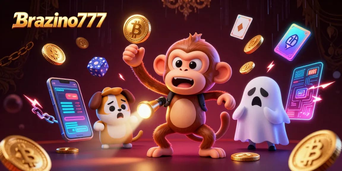 Engage in thrilling gameplay at Brazino777 with a mischievous monkey and a curious puppy in a captivating casino setting.