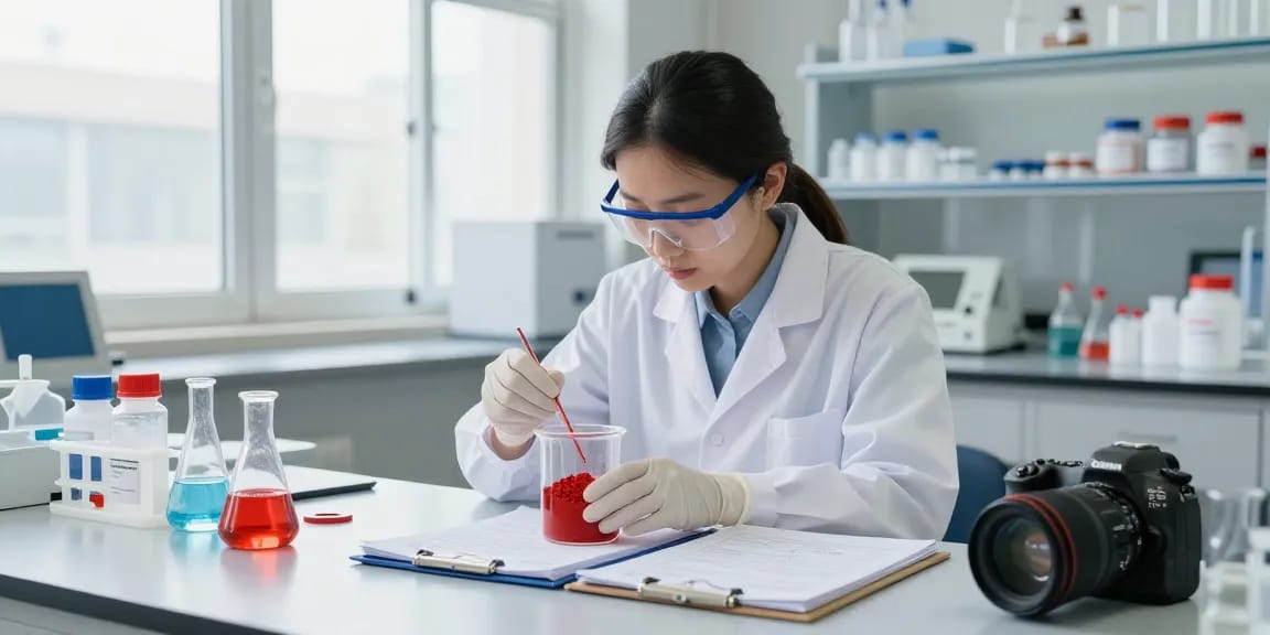 Buy Phosphorus Red in a professional lab setting with chemist analyzing quality standards.
