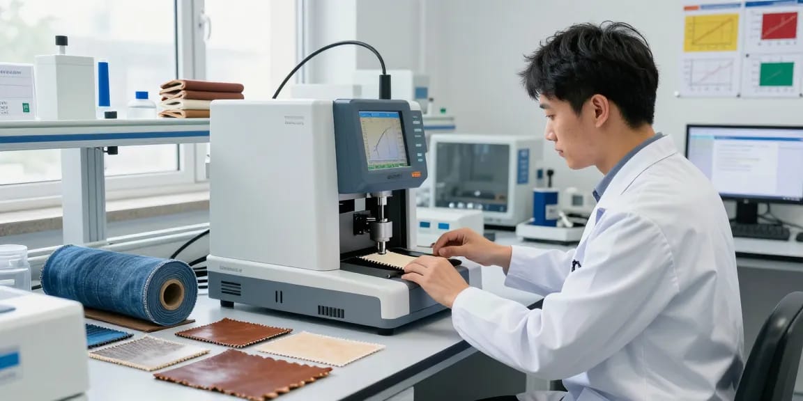 Technician operating a tensile strength tester with fabric samples in a modern lab environment.