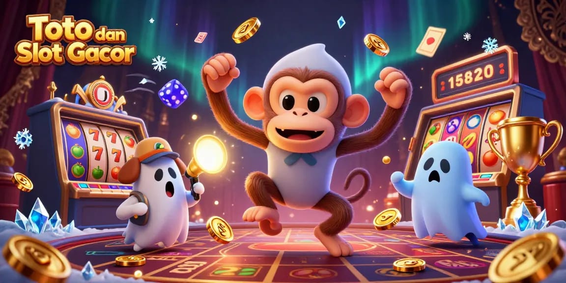 Toto dan Slot Gacor showcases an animated scene combining gambling fun with golden jackpots and lively gameplay elements.