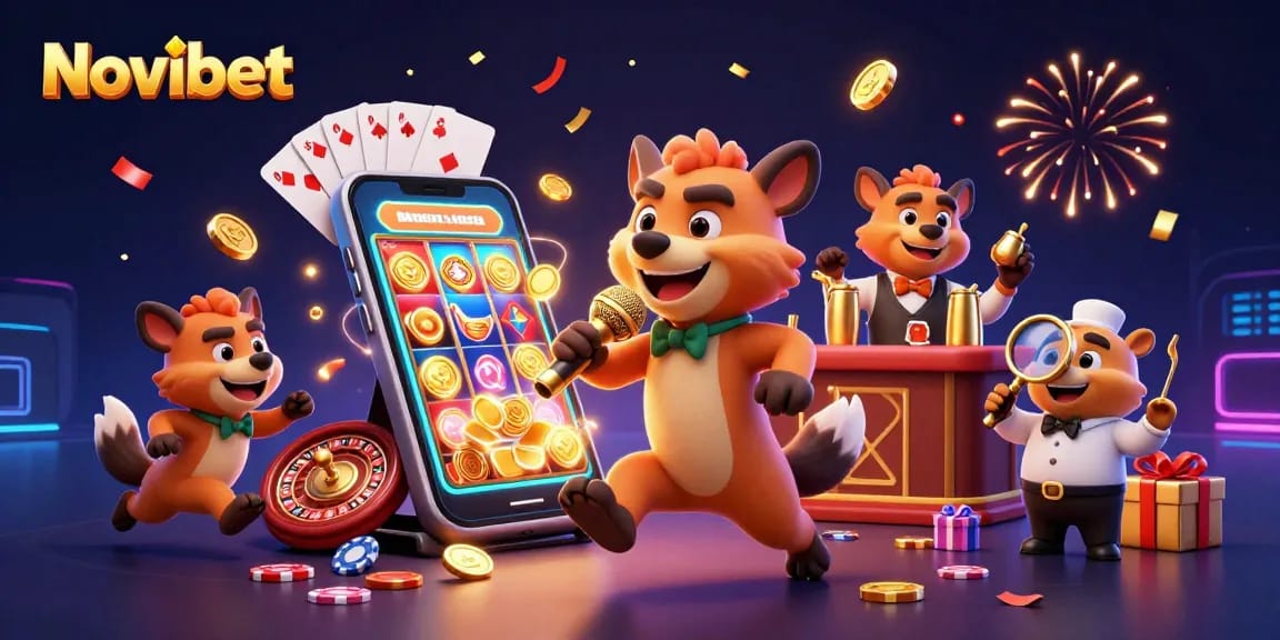 Enjoy exciting gaming at Novibet with a lively casino scene featuring cartoon hyenas and thrilling slots.
