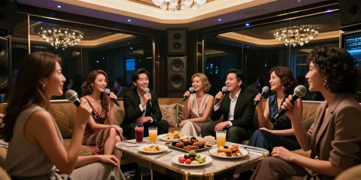 강남쩜오 프리미엄 가라오케 공간에서 고급 음향 설비와 분위기 있는 조명 속에서 파티를 즐기는 사람들 모습