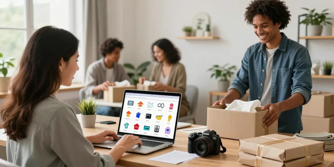 Engaging e-commerce scene on rokok88 with diverse users buying and selling second-hand items in a cozy home office.
