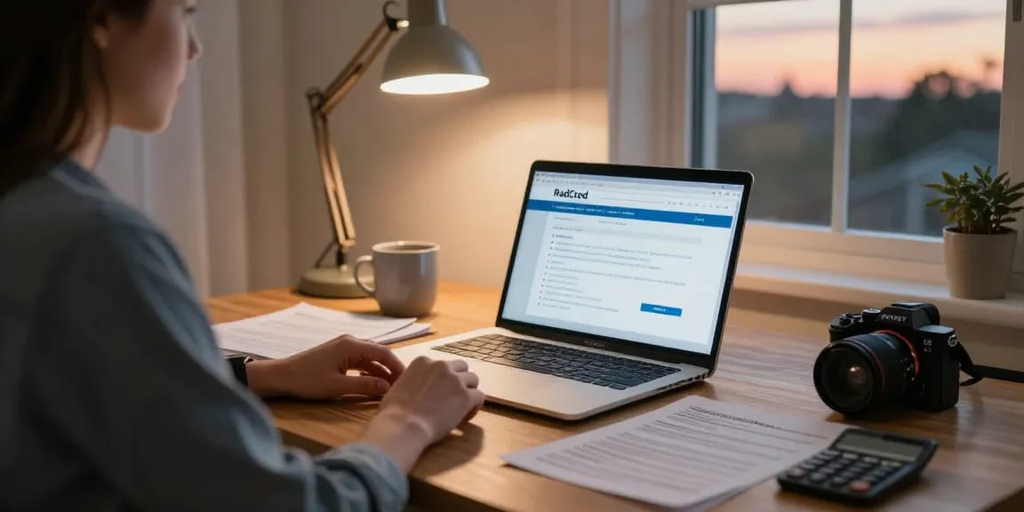 Emergency financial support with www.radcred.com/payday-loan/200-loan displaying a cozy home office setup during sunset.