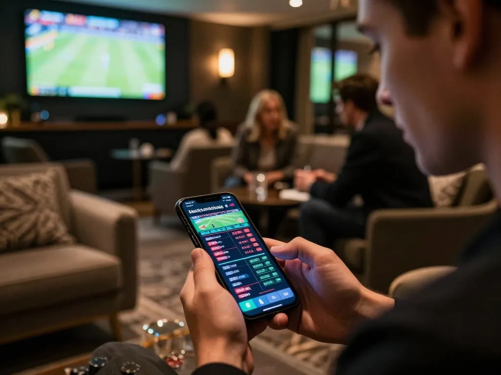 Kèo nhà cái showcased as a user places bets on a smartphone in an upscale lounge