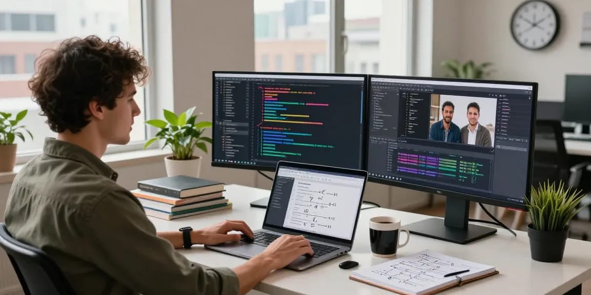 Berita Akasta highlights a vibrant software development workspace showcasing coding screens, collaboration, and innovation.