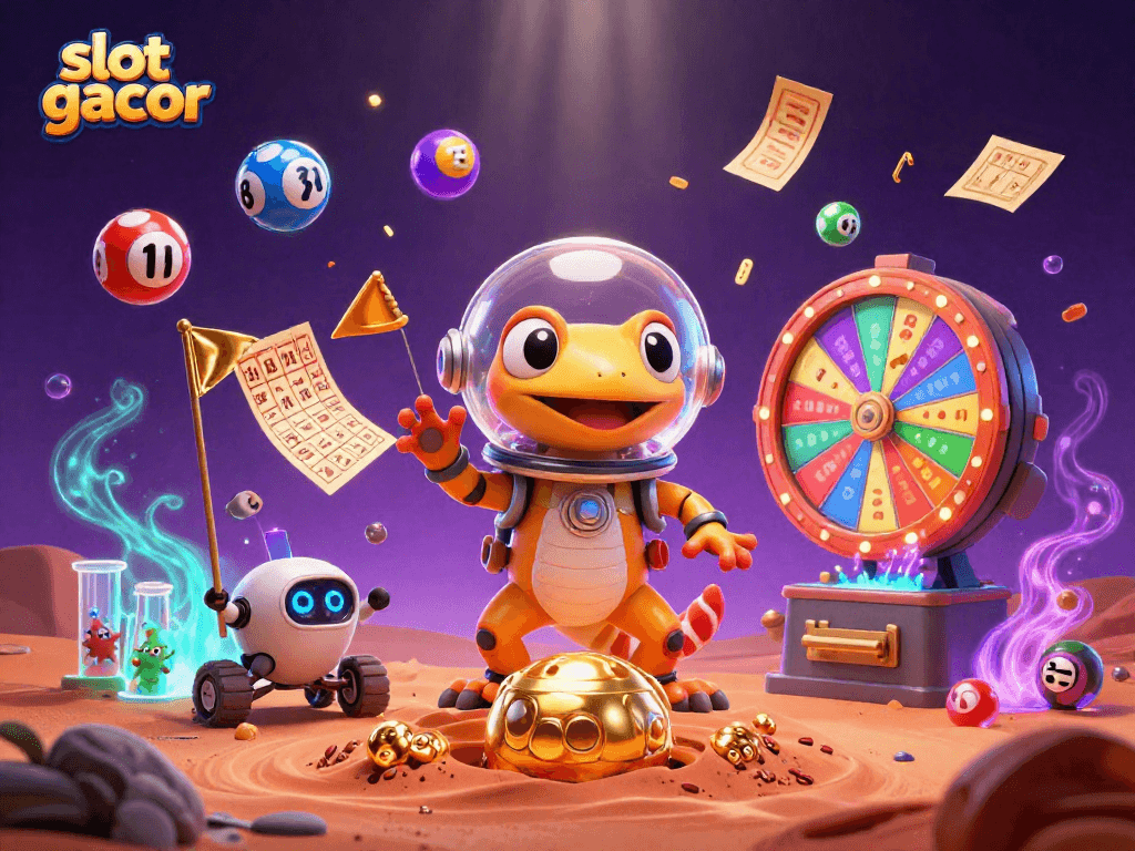 Bermain slot gacor dengan gecko Mars dan robot di kasino emas, penuh warna dan kegembiraan.