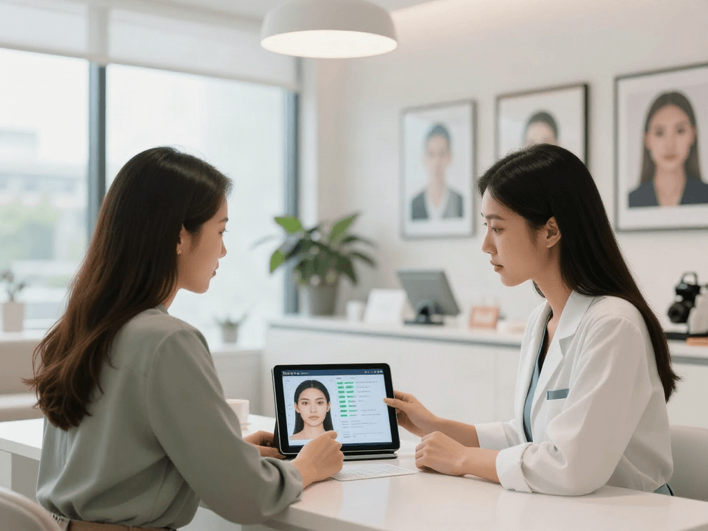 ClinicEvo cheaper than QOVES showcased in a beauty consultation with personalized analysis.