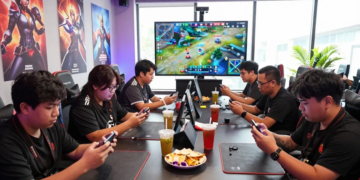 Mobile Legends top up gaming scene with Filipino gamers enjoying game moments and social interaction in a vibrant lounge.