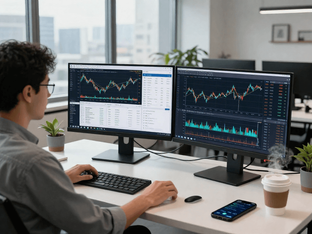 使用TradingView进行市场分析的金融分析师在现代办公环境中专注于股票和加密货币图表。