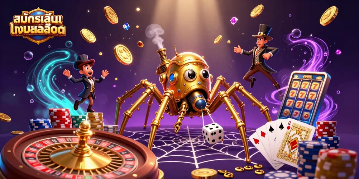 สมัครเล่นเกมสล็อตออนไลน์ ผ่านภาพ 3D ของแมงมุมทองสตีมพังค์กลางเว็บพนัน casino
