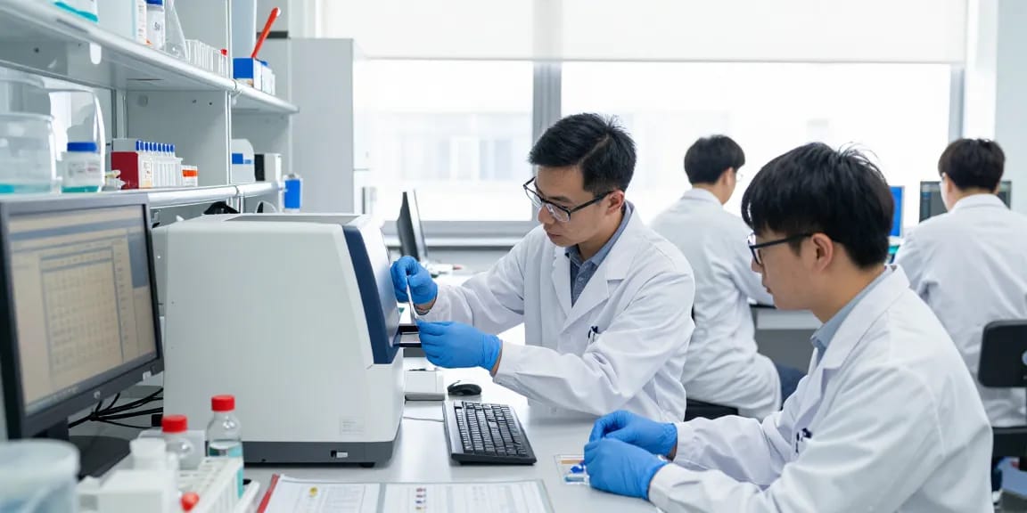 KLOW peptides analyzed in a modern lab, featuring researchers with HPLC equipment.