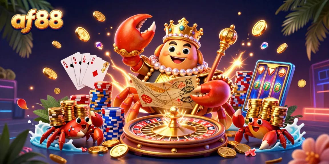 Engage with af88's vibrant gaming world, featuring a golden crab emperor and treasures!