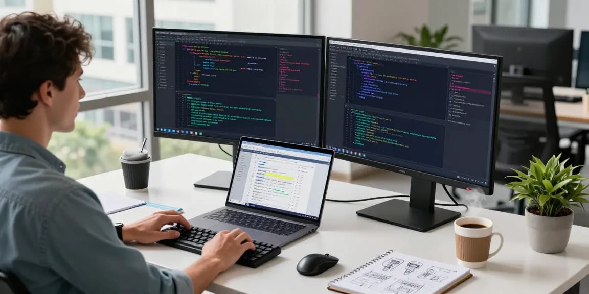 Efficient workspace for 截图软件下载 showcasing coding development with dual monitors and coffee.
