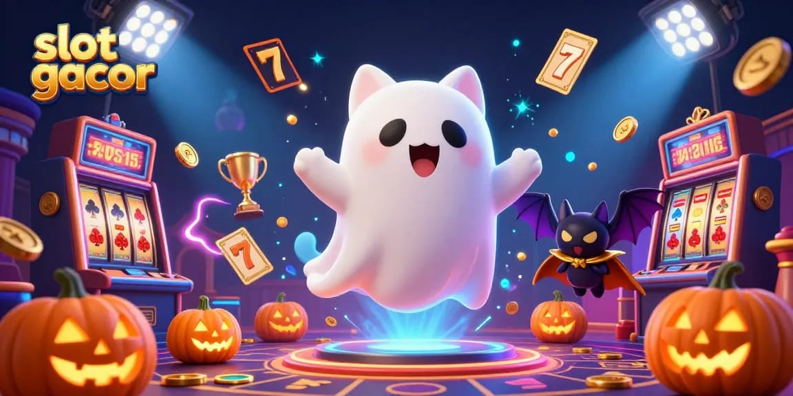 Experience slot gacor action with a ghost cat and bat in a vibrant casino scene.