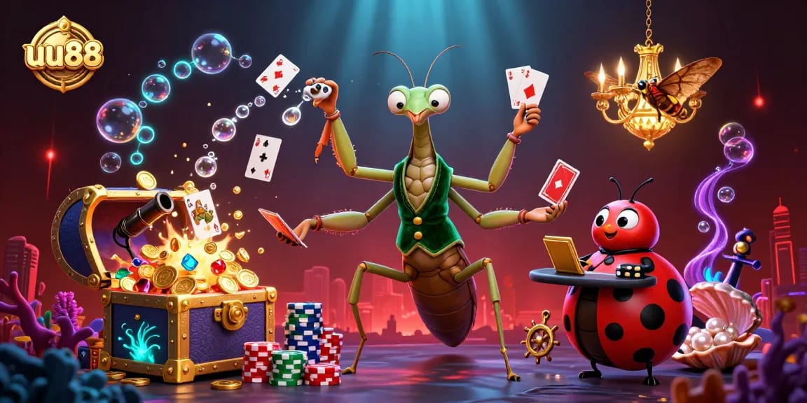 Experience dynamic gaming with uu88’s vibrant illustration featuring a card sharp and ladybug pit boss.