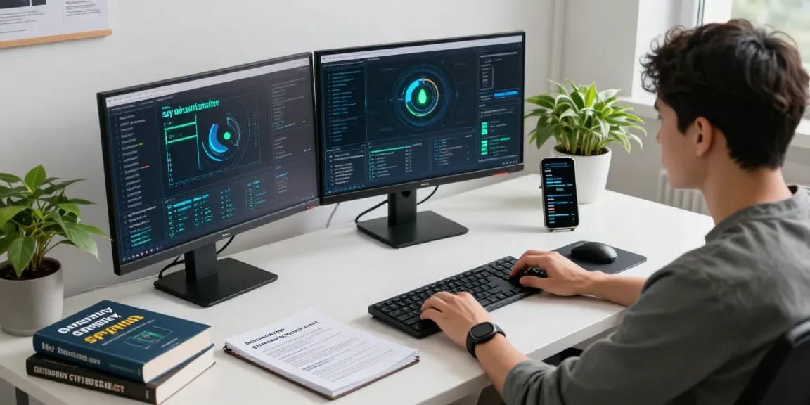 Analyse des technologies d'application espion par un analyste en cybersécurité dans un espace de travail moderne.