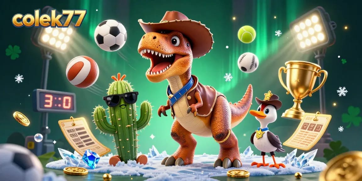 Experience thrilling gameplay with colek77 in this vibrant casino illustration featuring a T-Rex, cactus, and roadrunner.