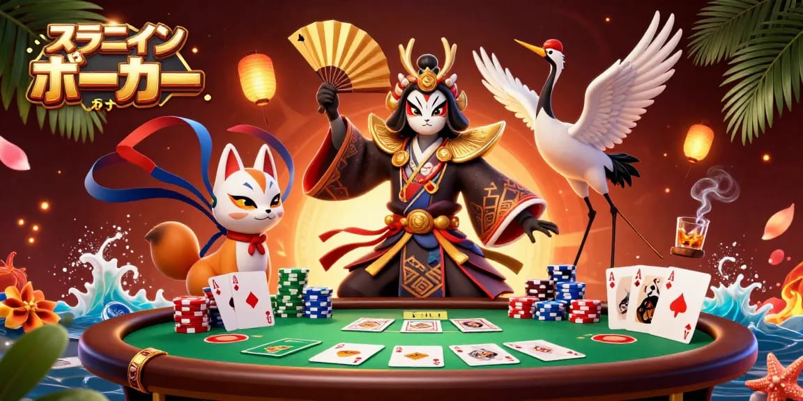 オンラインポーカーおすすめで多彩なポーカーチップと華やかなキャラクターが勢揃いするシーン