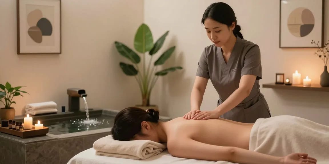 동탄출장마사지 중인 마사지사와 고객의 편안한 모습이 담긴 스파 내부 이미지
