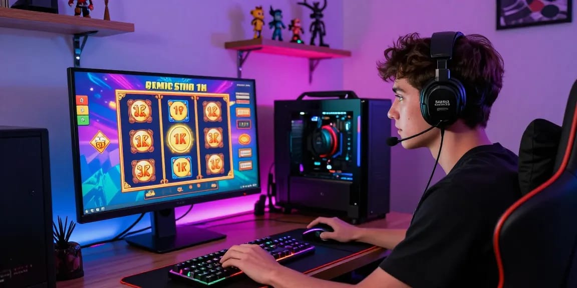 Engaging moment featuring a gamer playing slot deposit 1k online, showcasing vibrant screen graphics and immersive gaming setup.