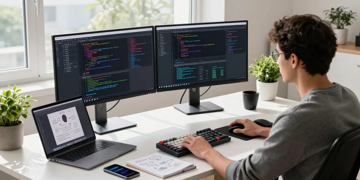 Software engineer focusing on LLG link indexing with modern coding setup in a bright workspace.