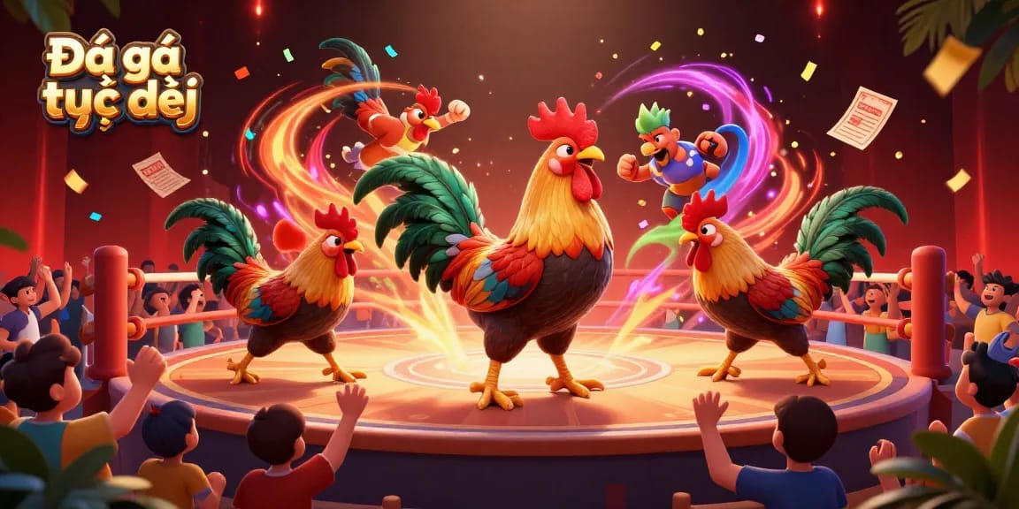 Watch Đá gà trực tiếp in a vibrant arena filled with thrilling rooster fights and engaging crowd atmosphere.