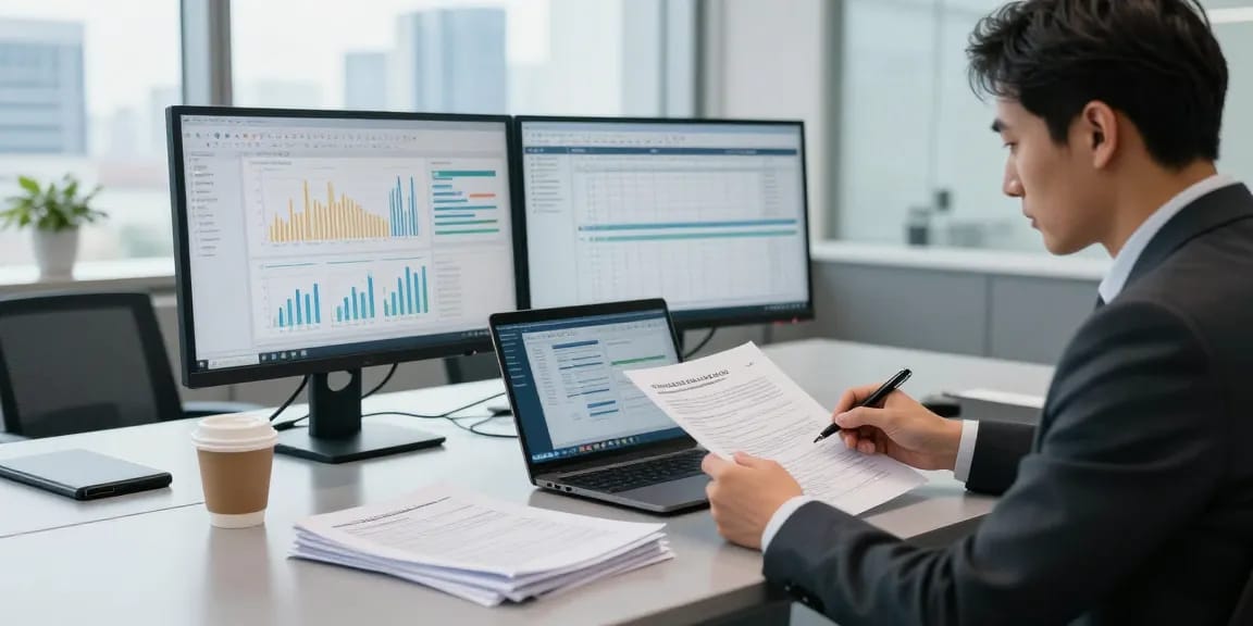 Proses audit forensik di aafikotaserang.org dengan auditor profesional menganalisis dokumen di kantor modern.
