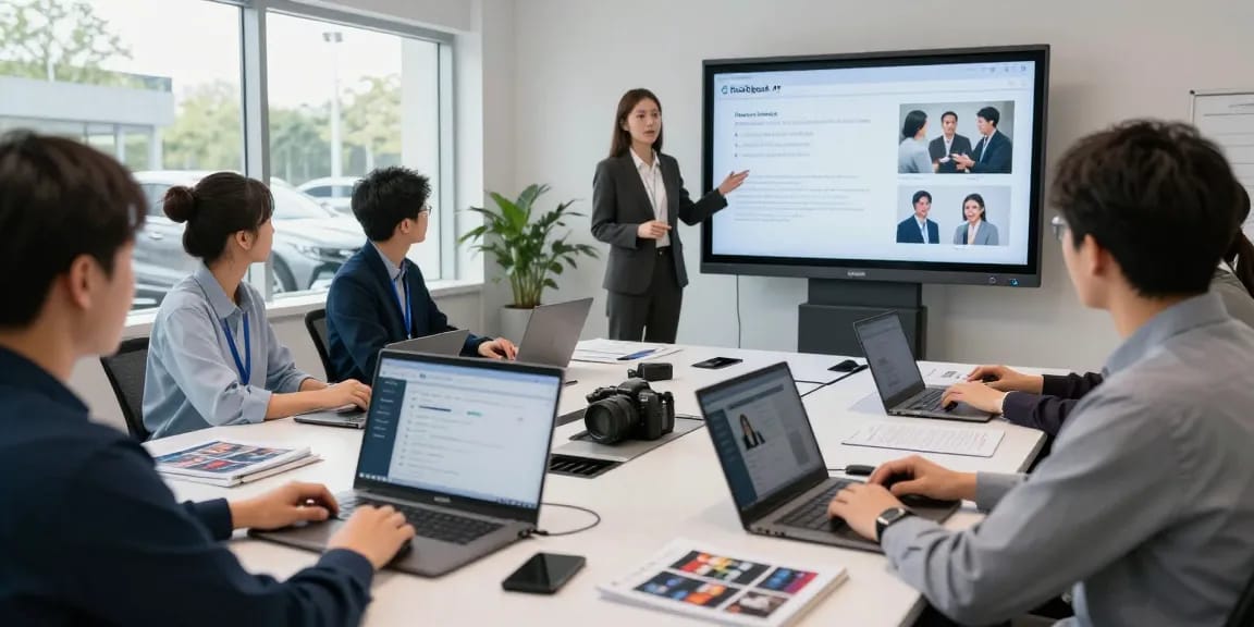 DealSpeak AI automotive training session with team practicing sales scenarios and analytics.