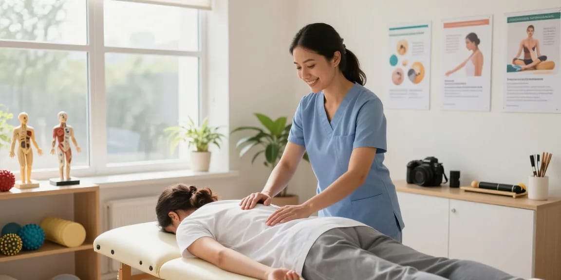 Osteopath Burlington clinic scene with practitioner and patient in a soothing environment.