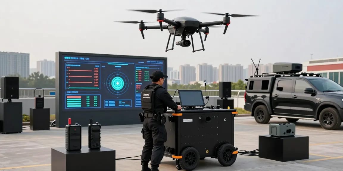 Anti drone jammer technician operating portable defense unit in urban setting with drone.