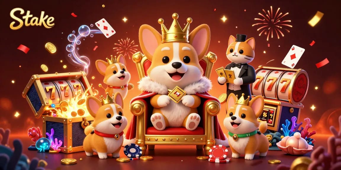 Engage with Stake's thrilling gaming universe in a vibrant casino scene featuring a royal corgi on poker chips.