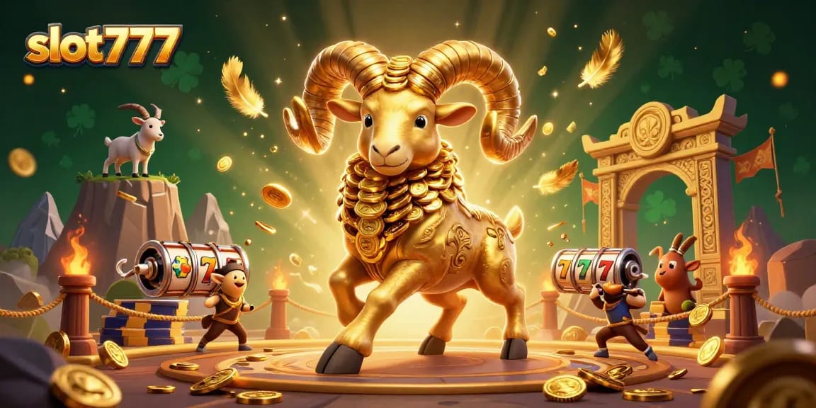 Experience thrilling gameplay with slot777 as a golden ram charges amidst vibrant symbols and rich casino elements.