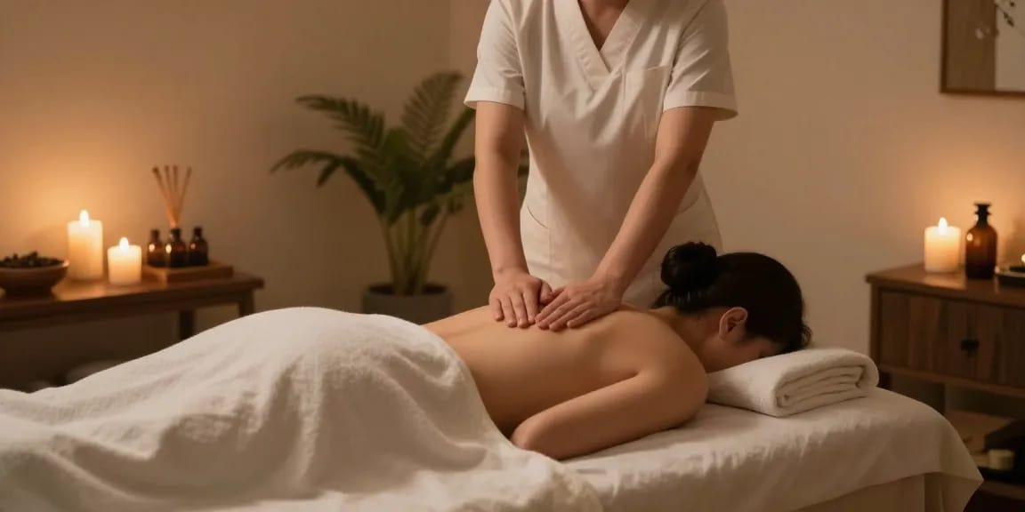 Swedish massage therapy session in a tranquil spa room, showcasing relaxation and wellness.