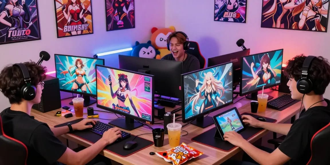 Engaged players enjoying hentai games online in a cozy gaming room filled with colorful graphics and snacks