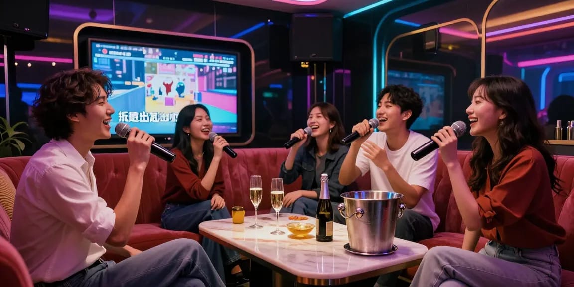 강남가라오케에서 친구들과 즐거운 노래와 음료를 즐기는 화려한 분위기의 카라오케 룸.