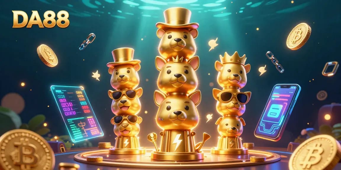 Experience winning strategies at DA88 with vibrant visuals of gaming elements and 3D characters.