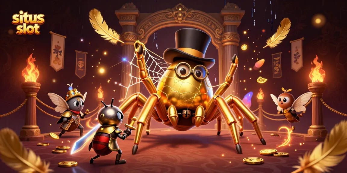 Engage in situs slot excitement with a vibrant 3D scene featuring unique characters and dynamic gaming elements.