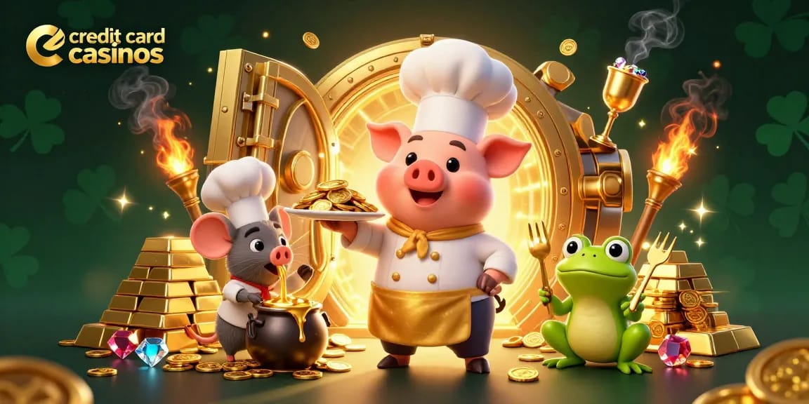 Experience gameplay excitement at credit card casinos with engaging characters and shimmering treasures in a vibrant scene.