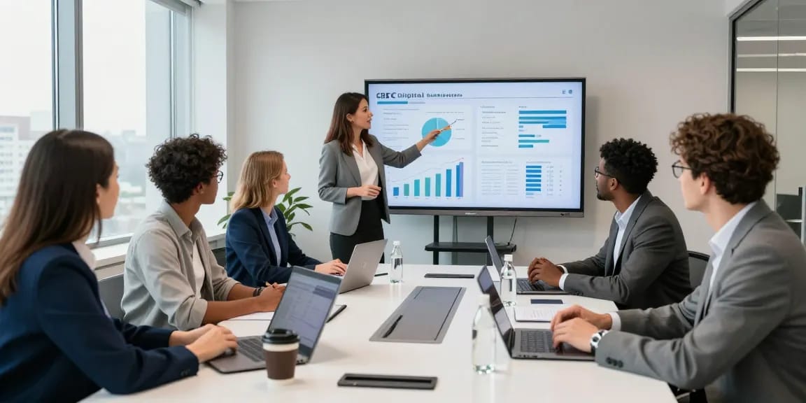 Team collaboration discussing cibc digital business strategies in a modern office.