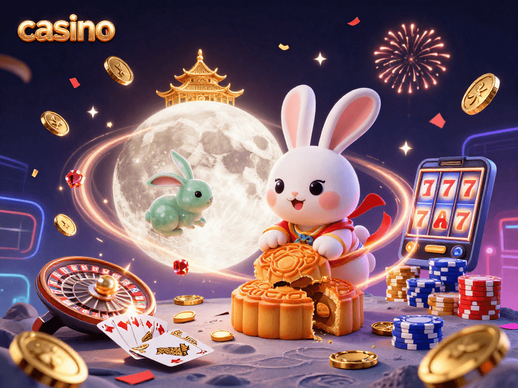 Experience the vibrant casino scene with a moon rabbit creating mooncakes revealing poker chips.