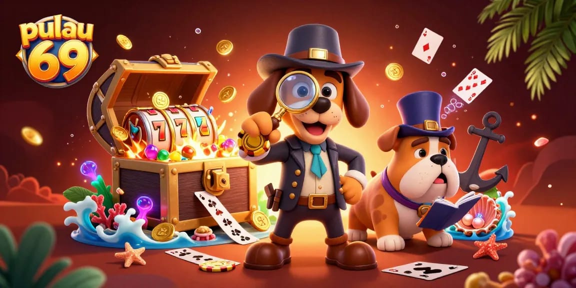 Experience the thrilling world of pulau 69 as a detective examines poker chips amid vibrant casino game elements.