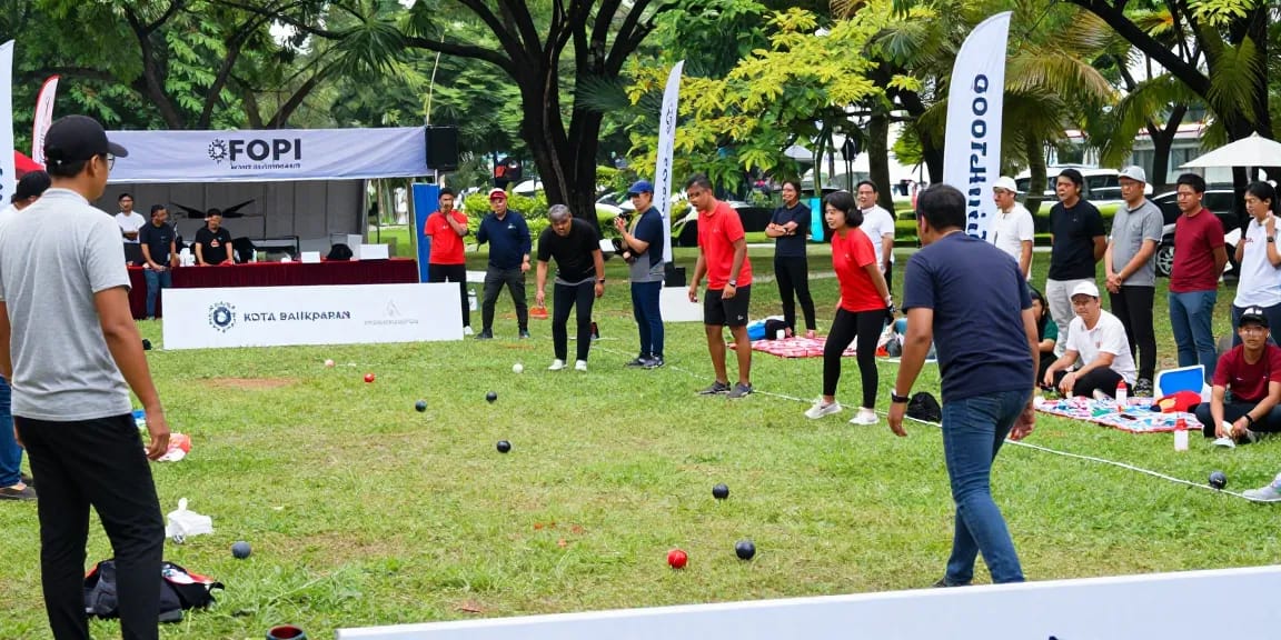 Turnamen petanque FOPI Kota Balikpapan di taman cerah, pemain beragam usia bersaing dengan semangat dalam suasana komunitas yang hidup.