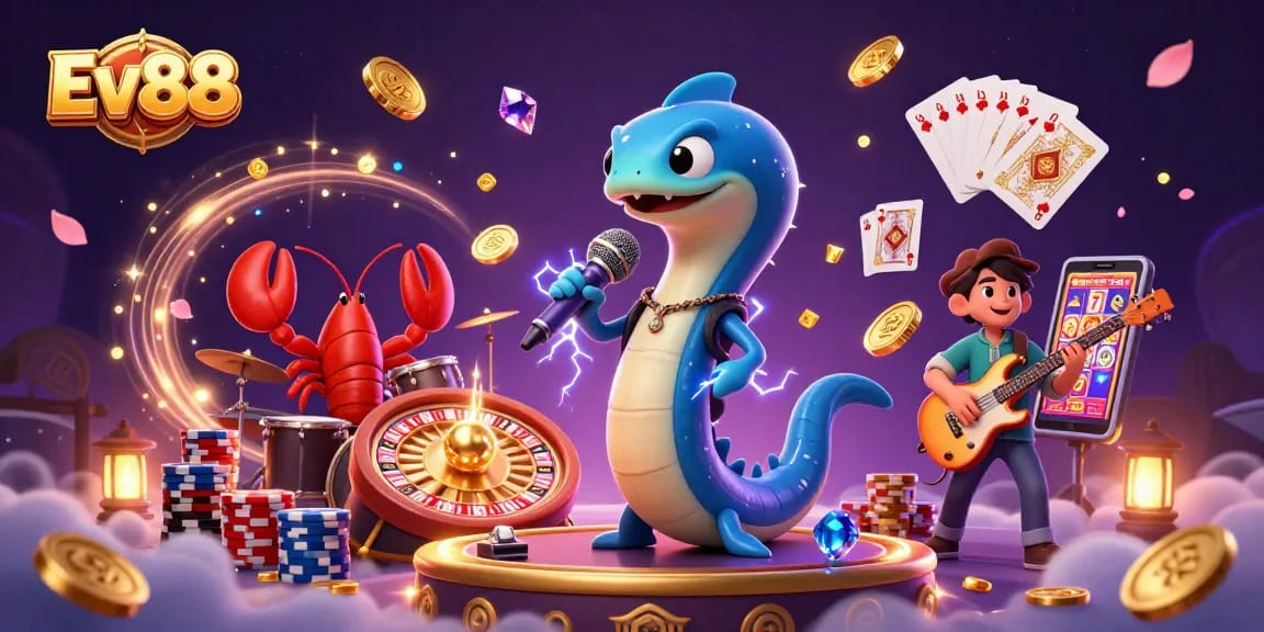 Experience Ev88 excitement with the electric eel DJ and friends lighting up the underwater casino.